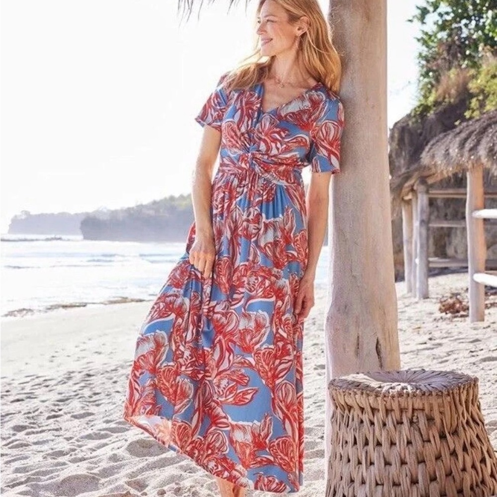 Soft Surroundings Floral Maxi Spritzer Dress in Blue and Orange
